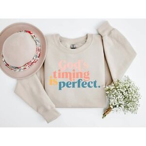 Crewneck Sweatshirt God's Timing is Perfect Graphic Tan Size XL Faith Gildan